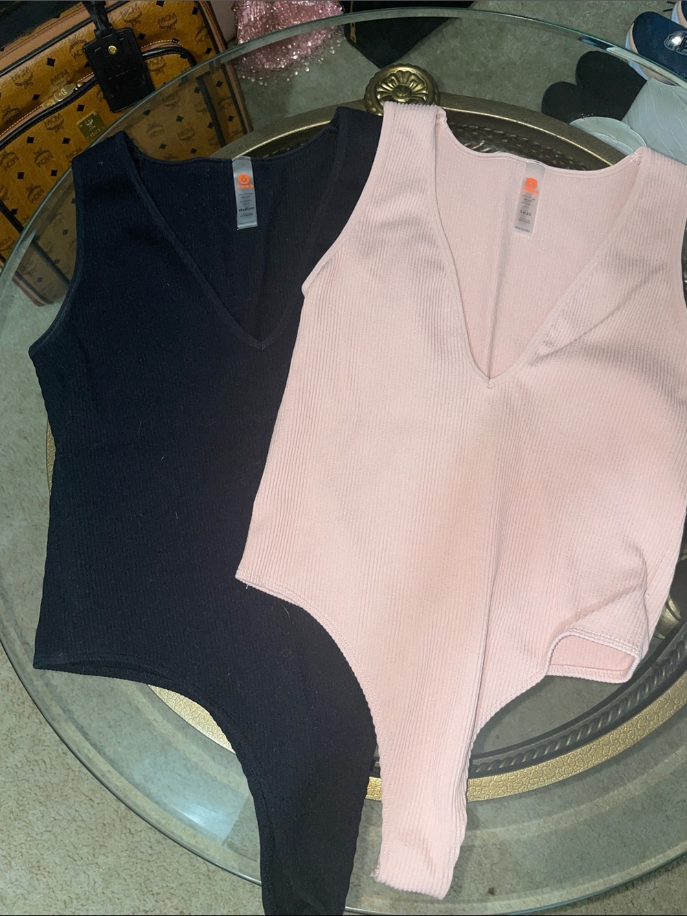 Two- Ribbed V-Neck Bodysuits — Black & Nude.